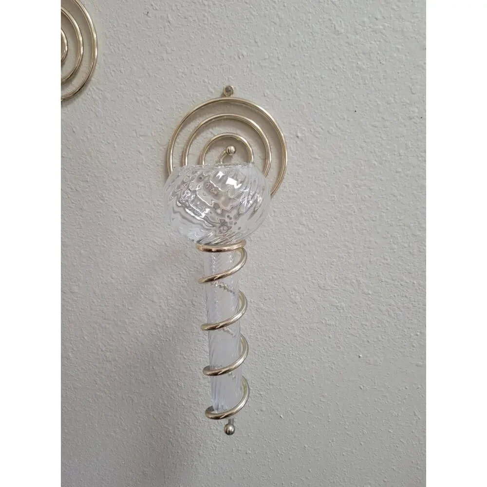 Vintage PartyLite Olympia Glass Candle Holder, Spiral Brass Wall Sconce Set Pair